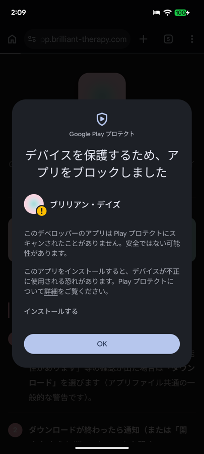 Google Play プロテクトの確認画面。「インストールする」を押す